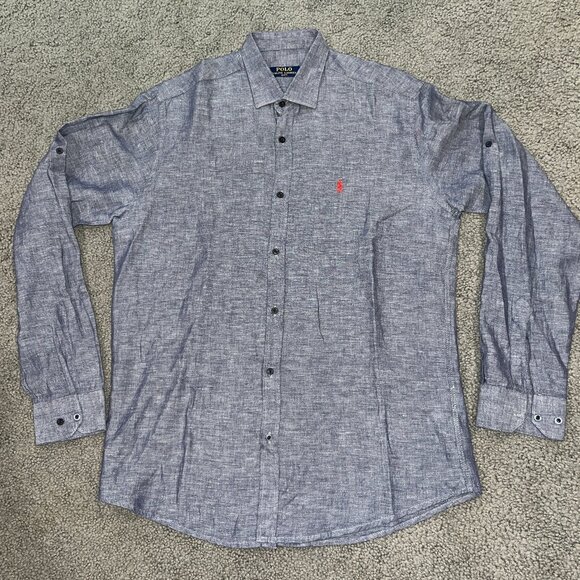 Polo Ralph Lauren Men's Sz Large Slim Fit 100% Linen Chambray Shirt Red Pony EUC - Picture 1 of 12